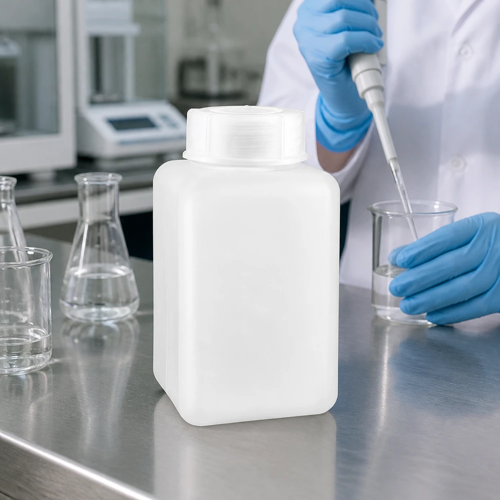 Chemicaliënfles 1000 ml, wijde hals, incl. sluiting GL 65 Doorzichtige witte PE-HD-fles met brede hals, 1000 ml, voor chemische vloeistoffen en vaste stoffen