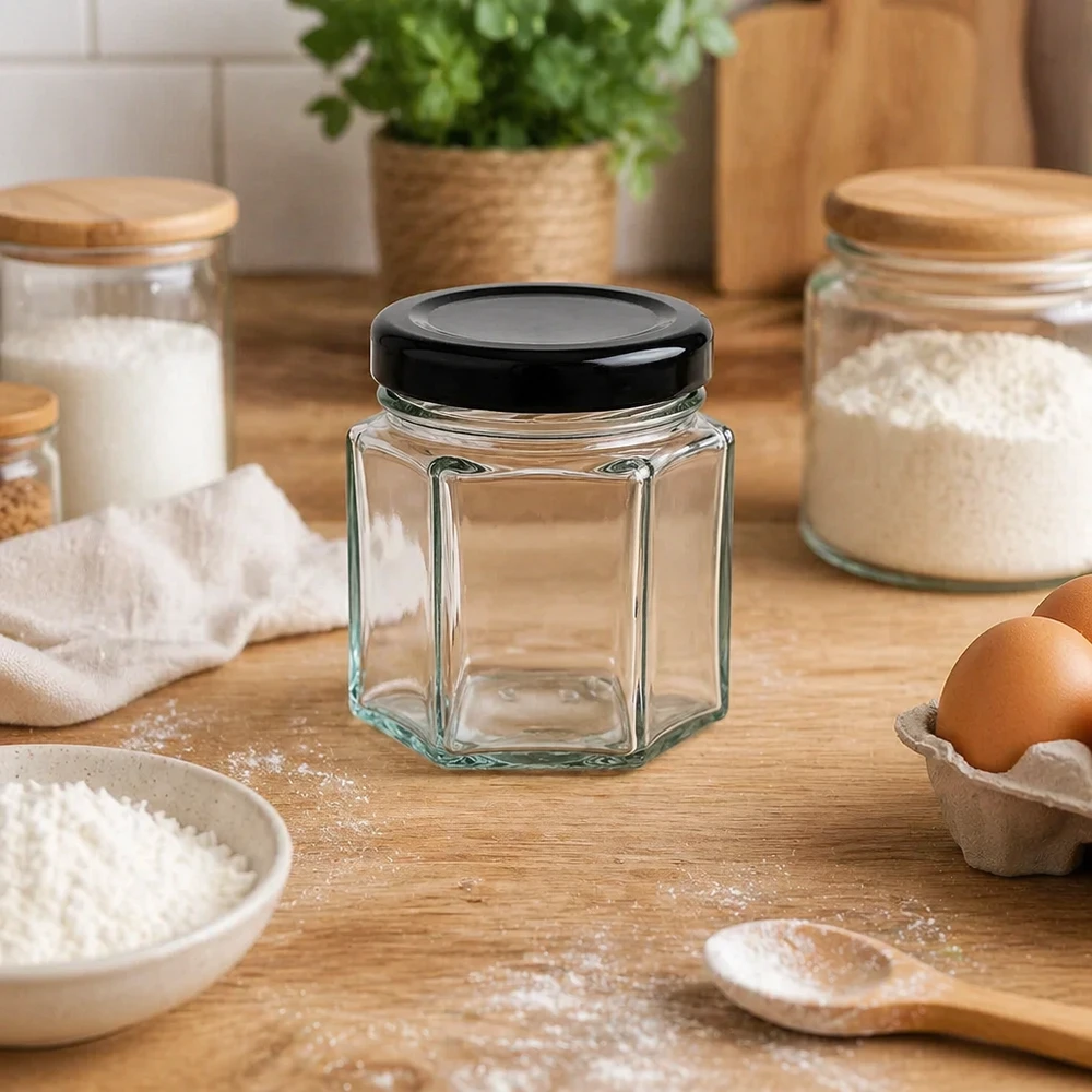 47ml hexa potje met zwart deksel in bakkamer tussen bloem, eieren en voorraadpotten op houten werkblad