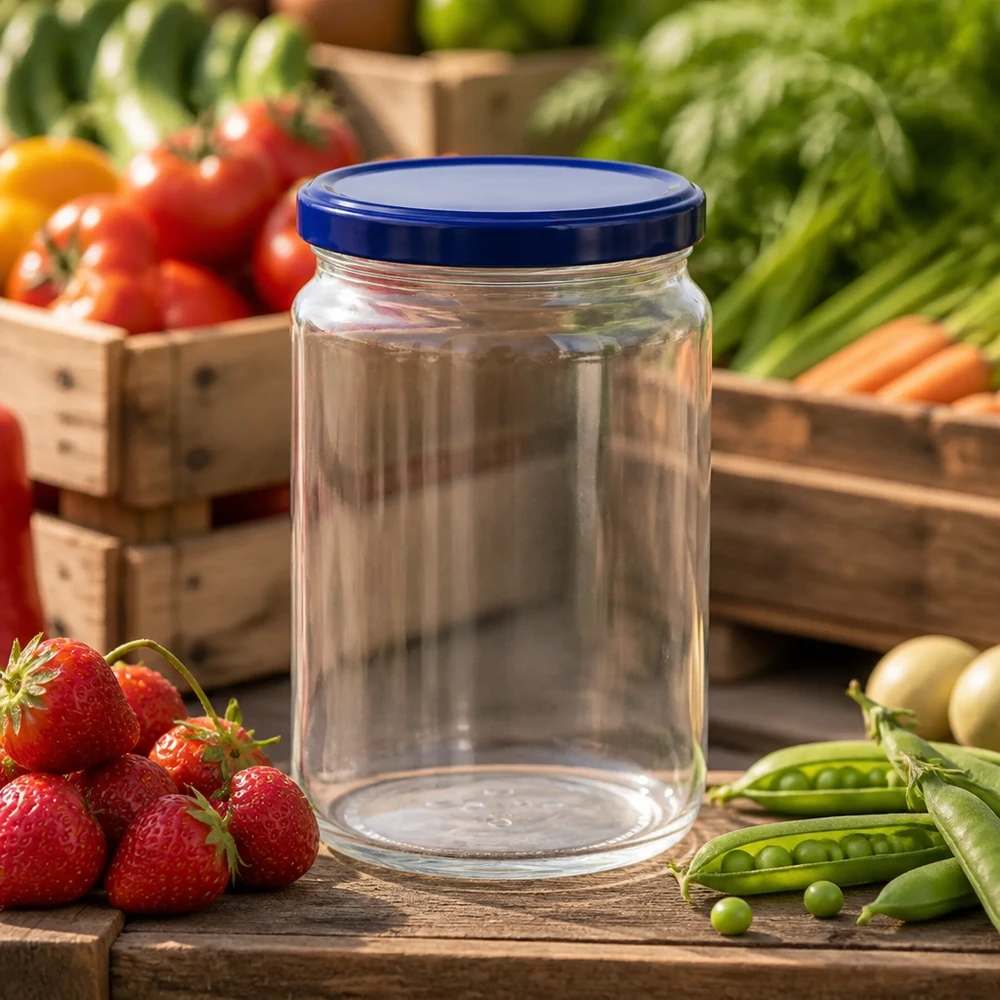 795ml ronde pot met blauw BasicSeal deksel UNiTWIST omringd door vers fruit en groenten op een houten tafel