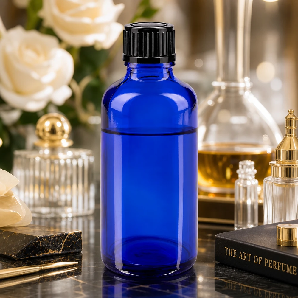 Blauwe laboratoriumfles van 50 ml met een schroefdop van 11 mm in een elegante parfumerie-uitstraling