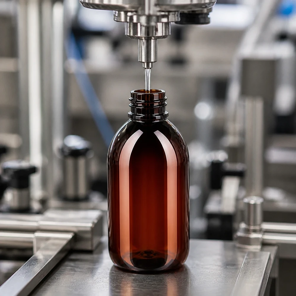 PET fles 250ml met ontgassingsdop rood Vulmachine vult bruine PET-fles van 250 ml met rode ontgassingsdop in een fabrieksomgeving
