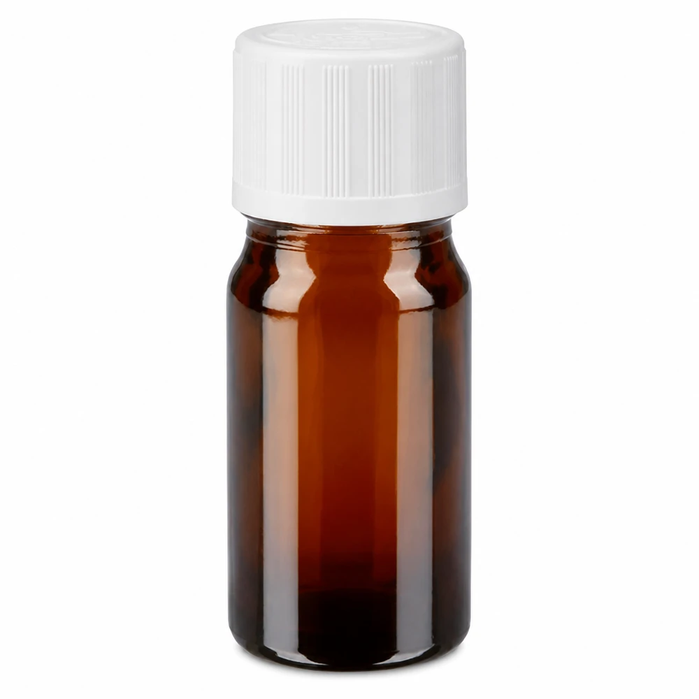 Apotheekflesje van bruin glas van 5 ml met een witte schroefdop en een ingebouwd druppelstukje