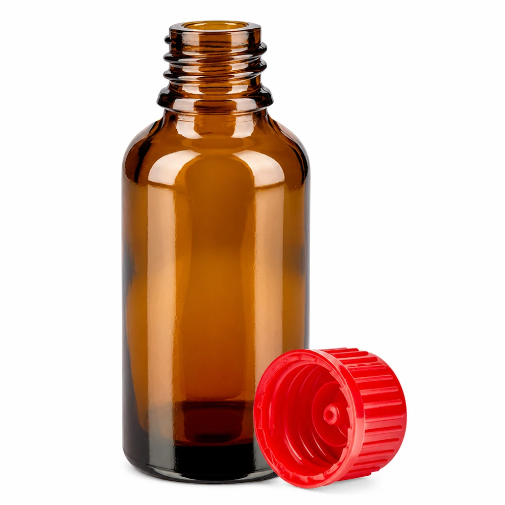 30ml fles 11mm SV rood STD BrownLine UT18/30 Lichtbeschermd 30ml druppelflesje van amberkleurig glas met praktische rode dop