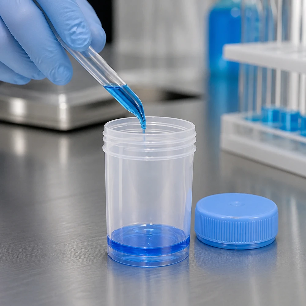 Universele kunststof pot (pathologie pot) 35ml Open Universal Pathogefäß van 35 ml met blauwe deksel en pipet in een laboratoriumomgeving