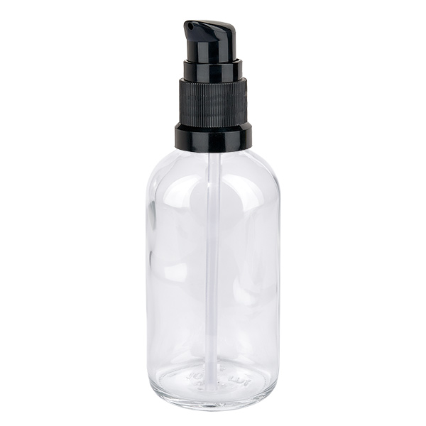 100ml pompflacon zwart STD ClearLine UT18/100 Glazen fles van 100 ml met zwarte pomp uit de ClearLine-serie, transparante apothekersfles