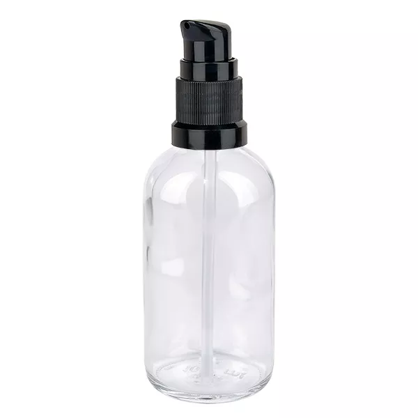 Glazen fles van 100 ml met zwarte pomp uit de ClearLine-serie, transparante apothekersfles