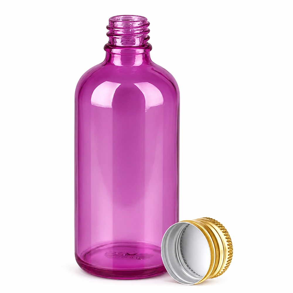 Ronde schouderfles 100ml in helder paars met praktische schroefdop