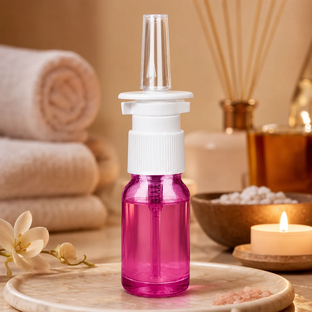 10ml neussprayfles wit/transparant standaard PurpleLine. UT18/10 Compact glazen sprayflacon 10ml violet met STD schroefdraad voor steriele neussprayoplossingen