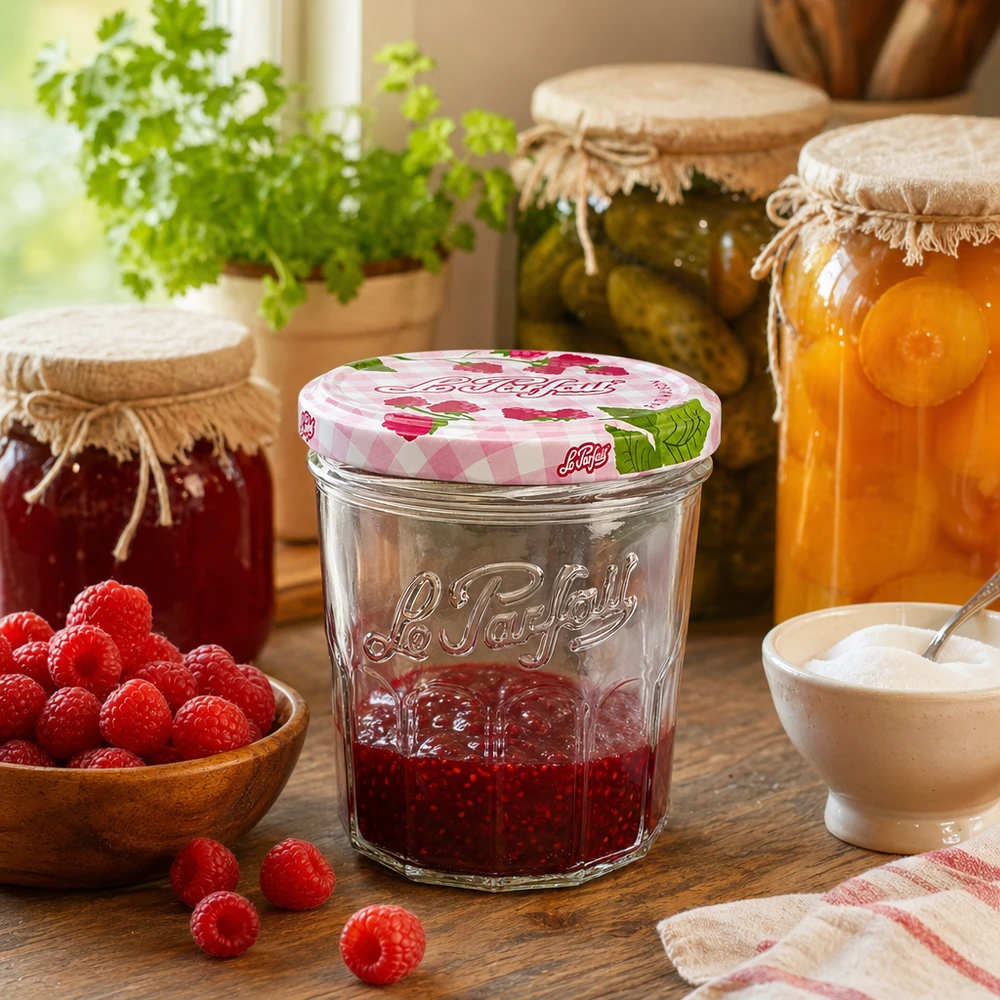 Le Parfait inmaakpot van 324 ml met frambozenjam in rustieke keuken naast andere inmaakpotten en kruiden