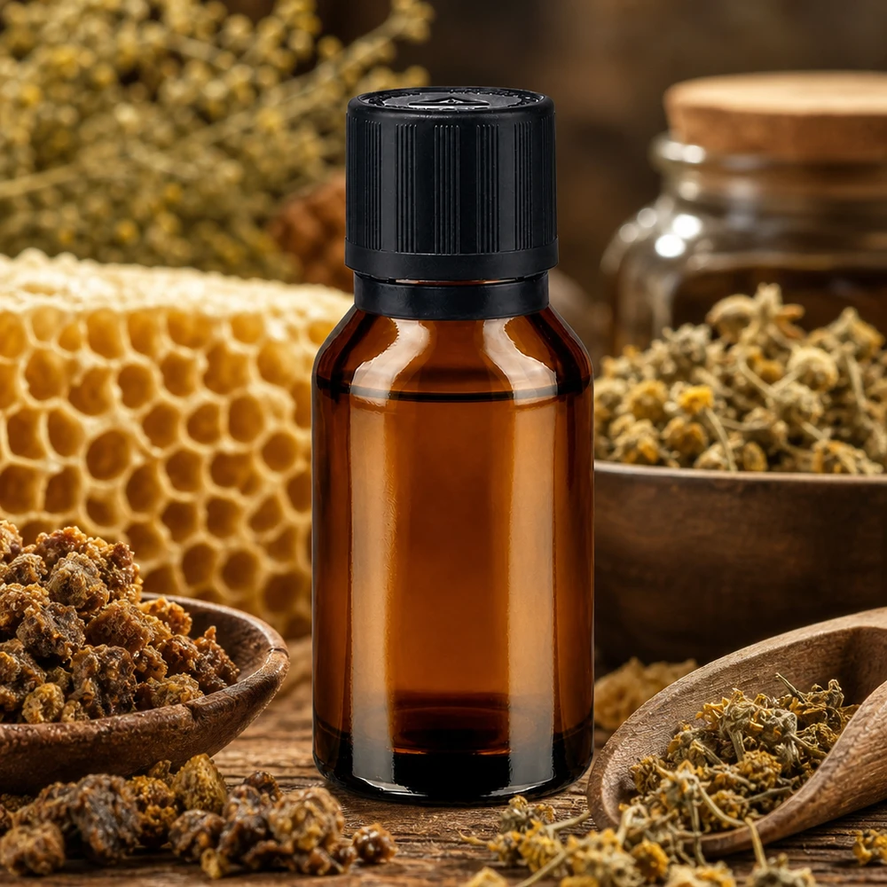 Bruine glazen fles 15ml met zwart druppelsluiting 1mm kinderslot Bliw. VR Apothekersflesje van bruin glas van 15 ml met een precisiedruppelaar van 1 mm, gevuld met een mengsel van was en geneeskrachtige kruiden