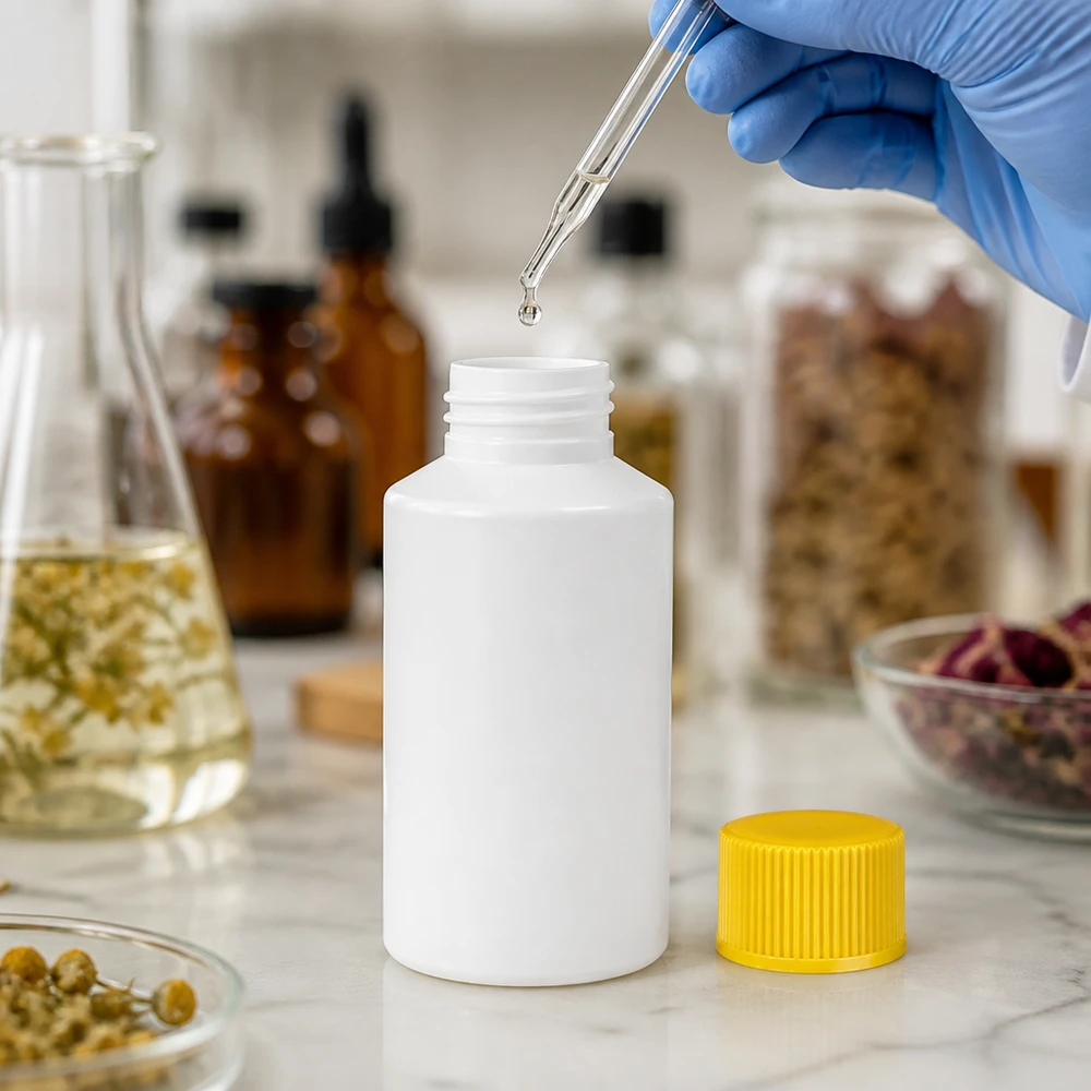 Compacte witte apothekersfles van HDPE, 50 ml, met gele dop voor vloeibare geneesmiddelen
