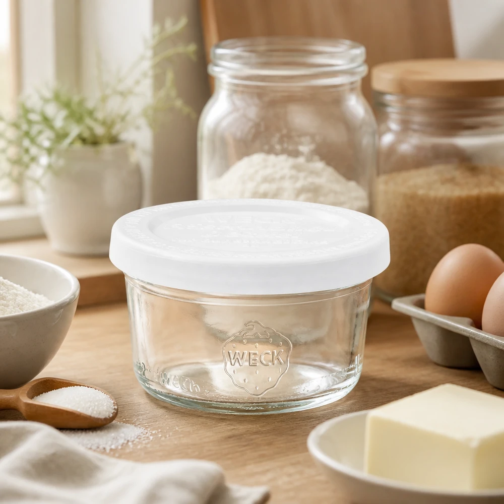 50ml stortglas met vershouddeksel WECK RR60 50ml WECK RR60 bekers met vers deksel in een rustieke keuken tussen bakingrediënten, bloem, eieren en houten keukengerei