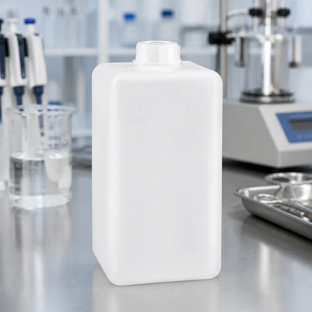 Chemicaliënfles 1500 ml, nauwe hals, incl. sluiting GL 32 Chemicaliebestendige PE-HD-fles met smalle hals, 1500 ml, naturel, voor professioneel laboratoriumgebruik