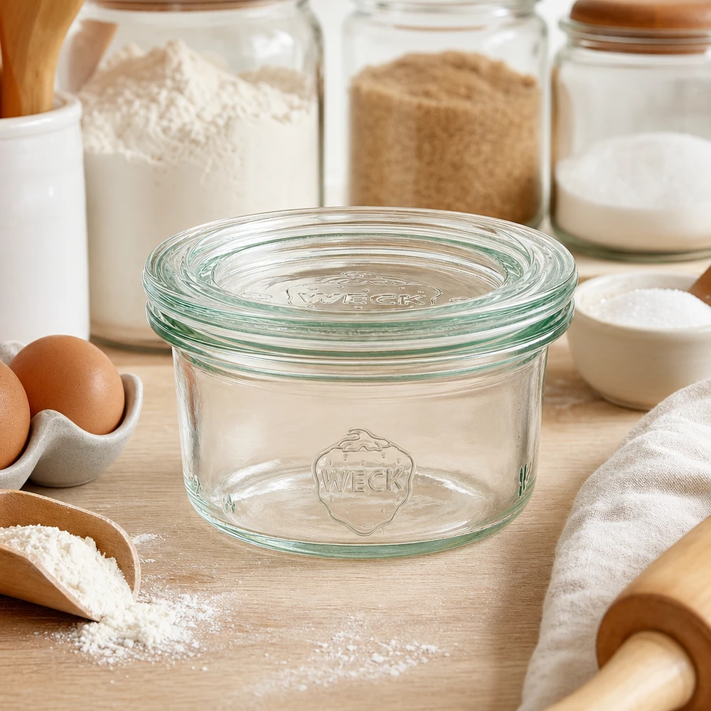 WECK trommels 50ml RR60 in keukenomgeving met meel, eieren en bakingrediënten voor veelzijdige opslag