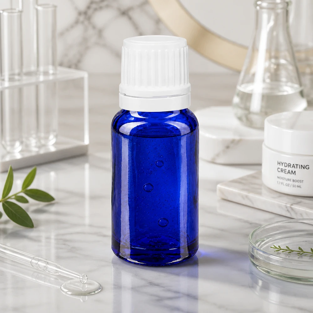 Apothekersflesje met UV-bescherming, 10 ml, blauw, met kindveilige witte dop