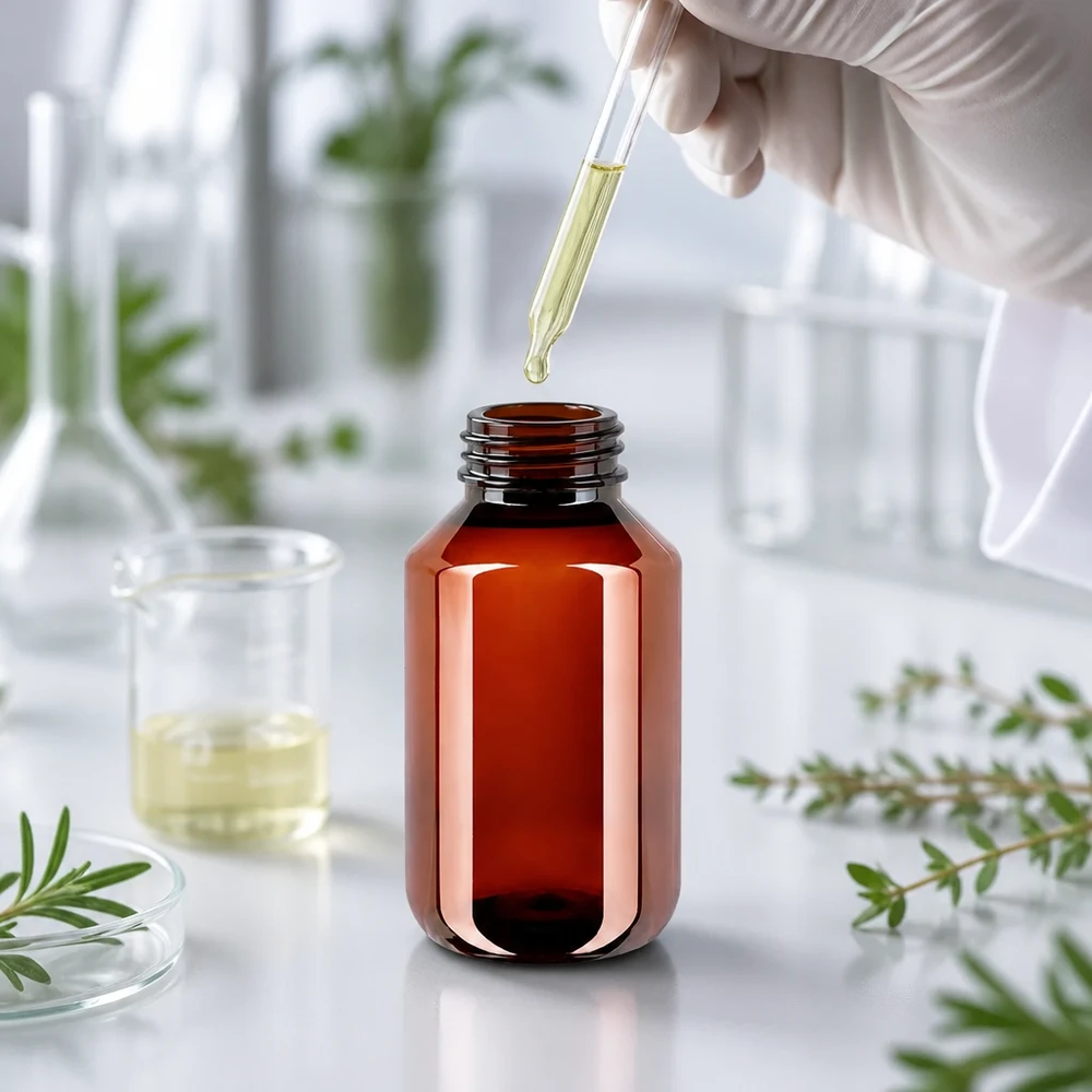 50 ml PET medicijnfles met verstuiver zwart GCMI 28/410 incl. dop transparant, standaard Hersluitbare bruine PET-fles van 100 ml met blauwe OV-sluiting voor laboratoriumtoepassingen