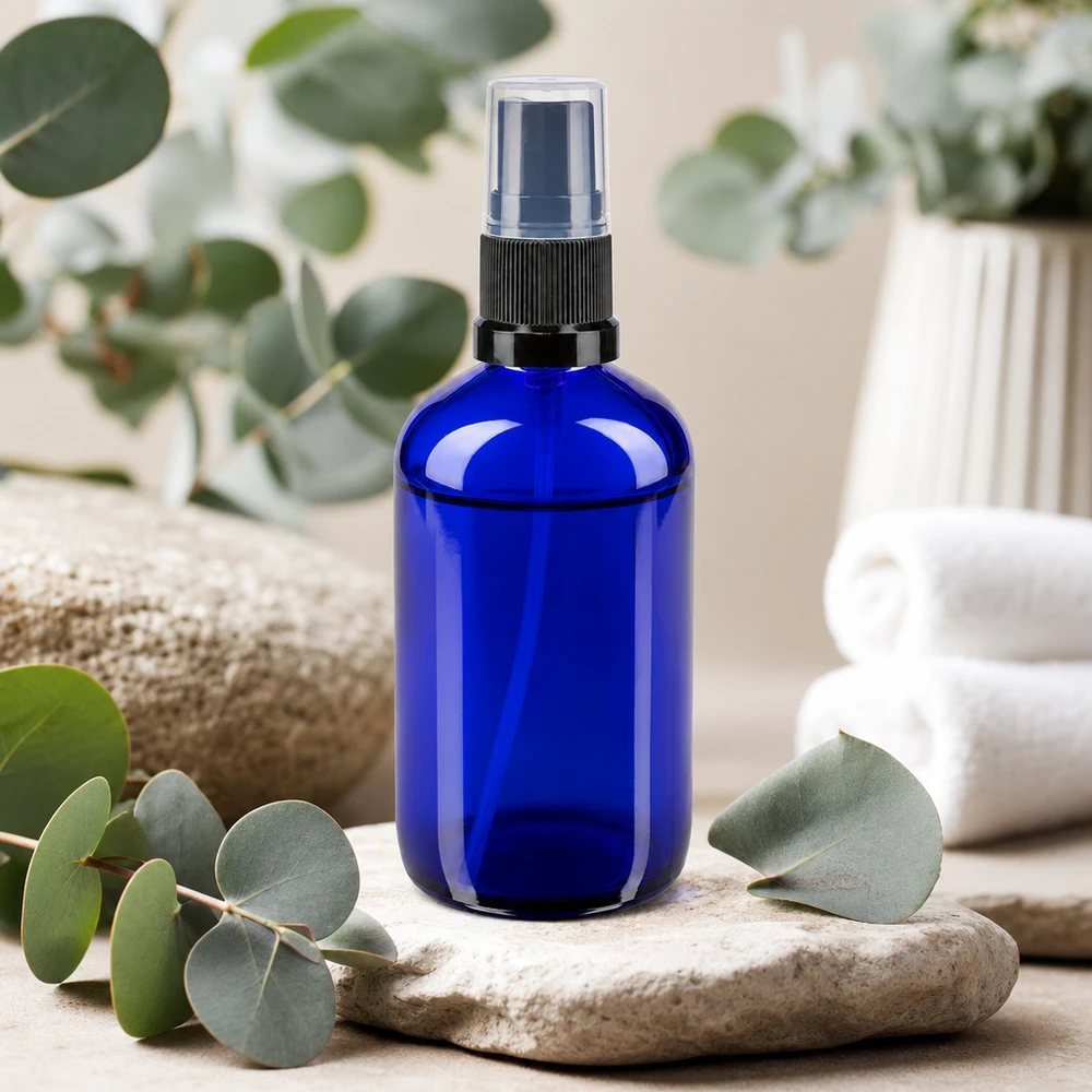 Blauwe glazen flessen 100ml met zwart pompverstuiver Kleine blauwe glazen spuitfles van 100 ml met pompverstuiver op een stenen ondergrond in een spa-omgeving