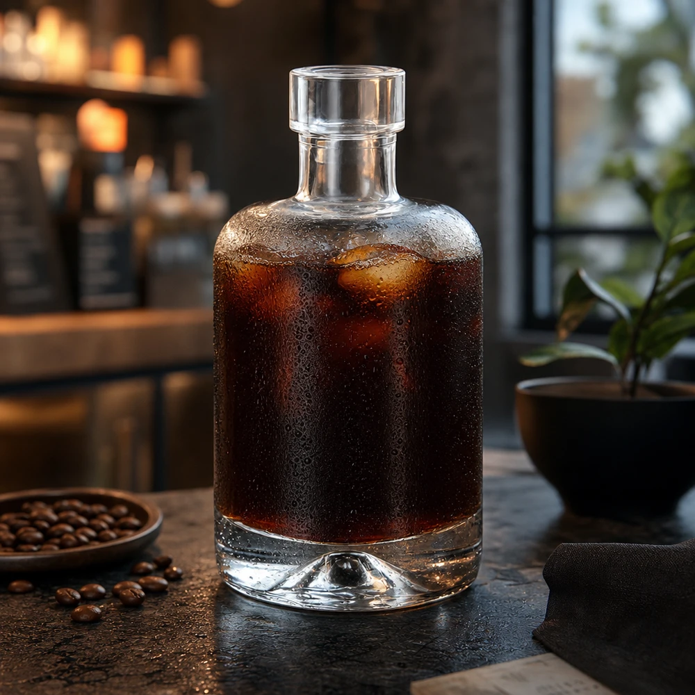 50ml glazen fles Amelie gevuld met cold brew koffie naast koffiebonen toont gebruik voor drankjes en sterke dranken