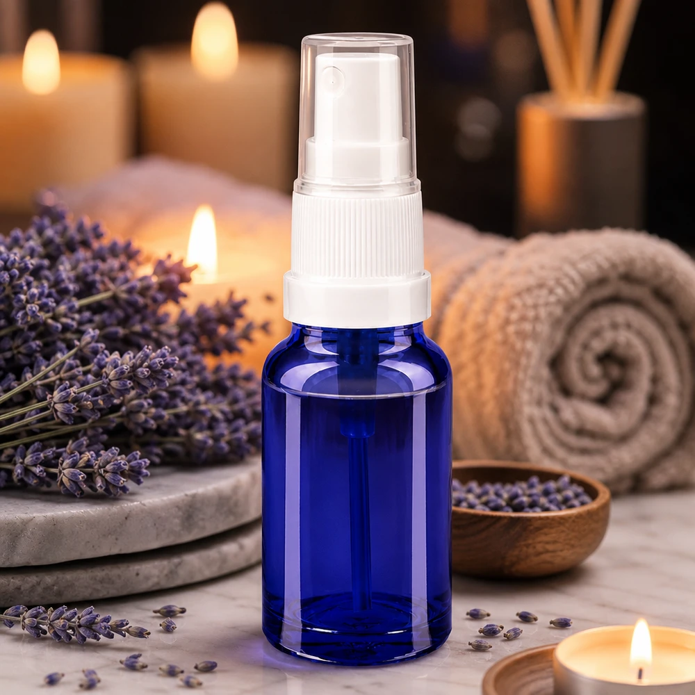 10ml spuitfles wit/tr. STD BlueLine UT18/10 Hoogwaardige blauwe 10ml sprayflacon met wit opzetstuk voor roomsprays en toners