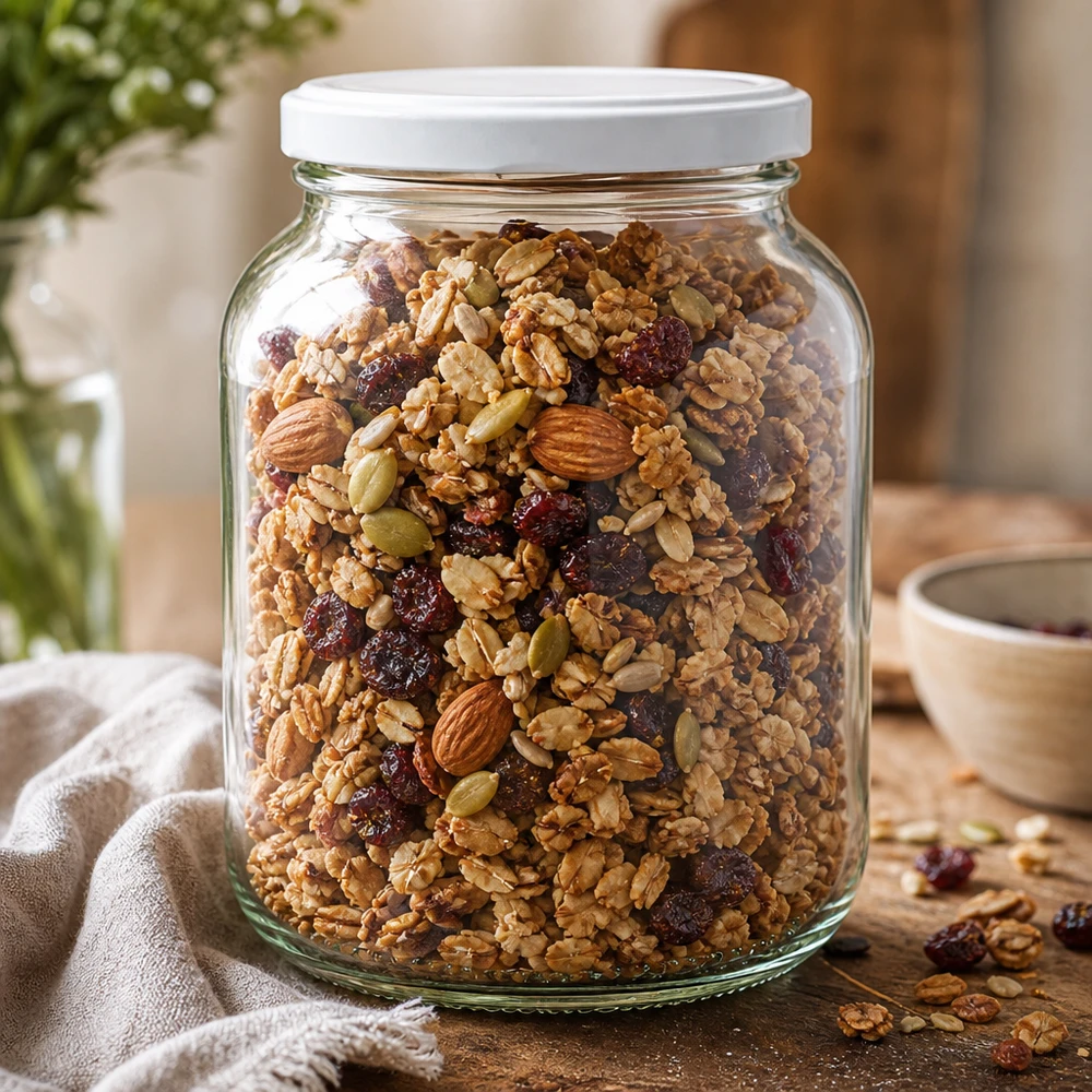 370ml ovale pot UNiTWIST met wit deksel gevuld met muesli noten gedroogd fruit granola voorraadpot keuken