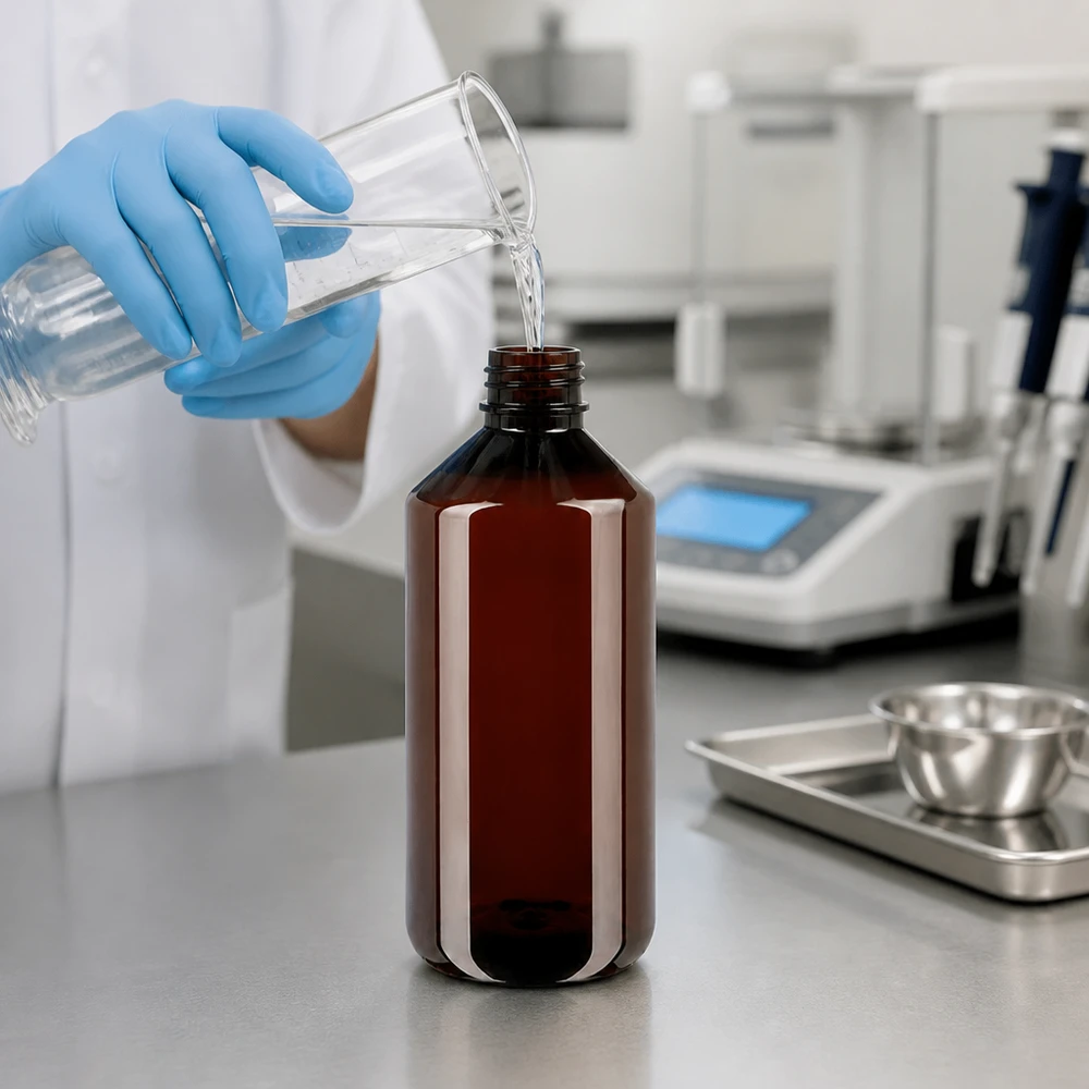 Blau behandschuhter Laborant füllt braune 1L Kunststoffflasche mit weißem Verschluss
