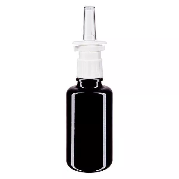 Fles van violet glas 30 ml met neusverstuiver wit Fles van violet glas 30 ml met neusverstuiver wit