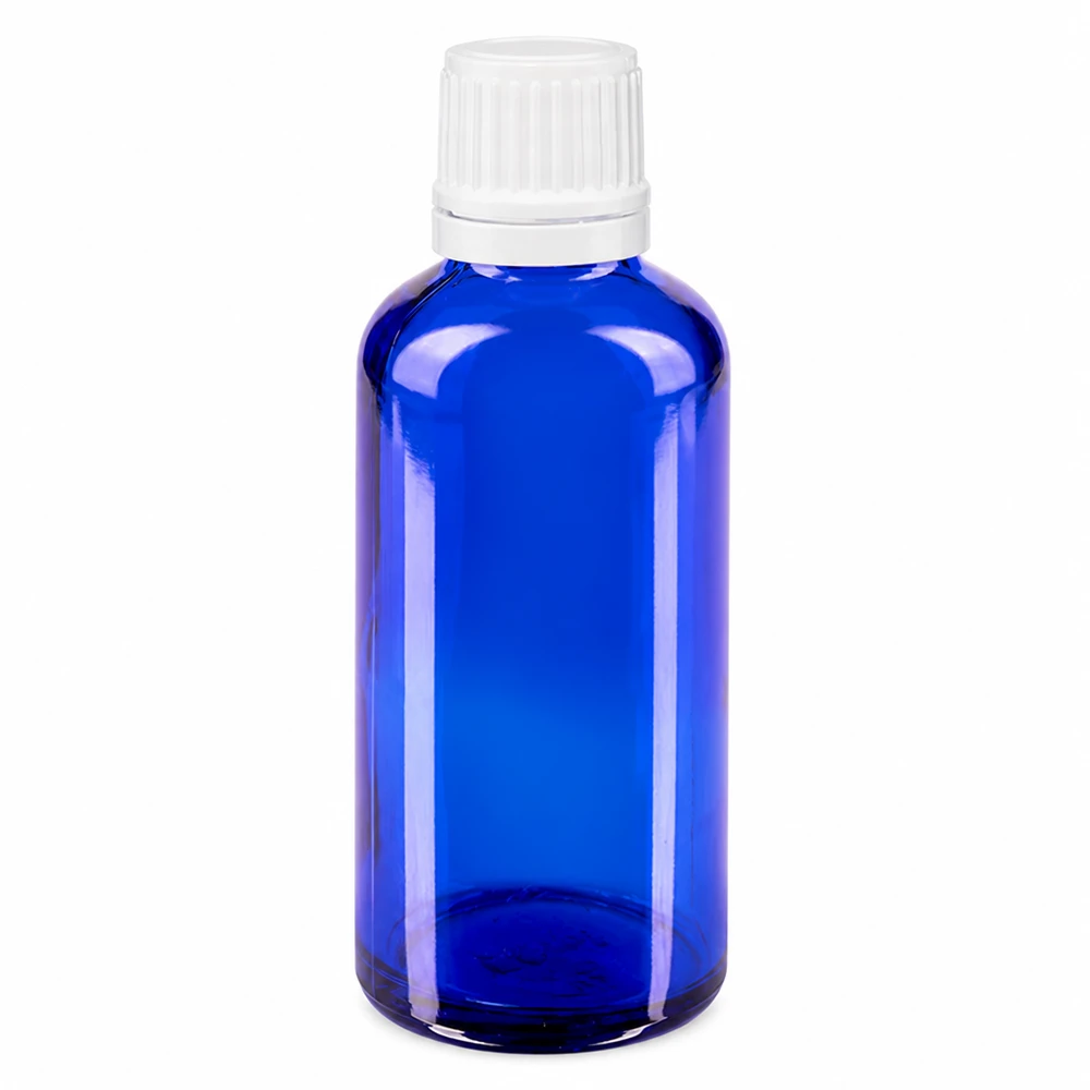 Blauwe glazen flessen 50ml met wit druppelsluiting 1.2mm VR Kleine blauwe glazen fles van 50 ml met druppeldop voor etherische oliën en tincturen