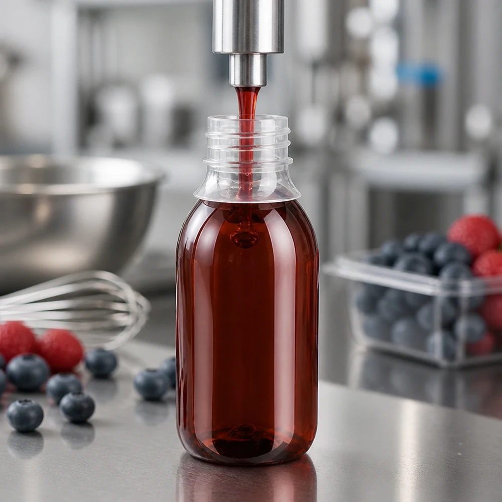 Serienfertigung bernsteinfarbener PET Flaschen 250ml mit Beerensaftfüllung in Lebensmittelproduktion