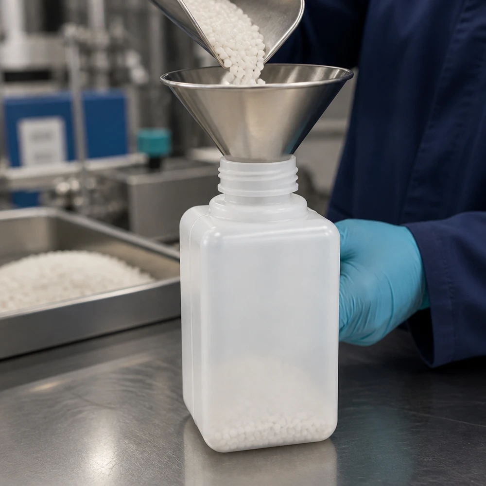 Chemicaliënfles 50 ml, nauwe hals, incl. sluiting GL 18 50 ml chemiefles van PE-HD, naturel, met smalle hals, voor granulaten en stortgoederen in laboratoria