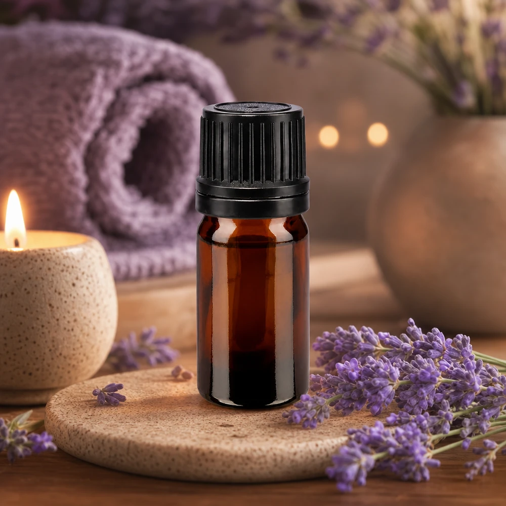 Compacte bruine glazen fles van 5 ml met zwarte schroefdop voor natuurlijke cosmetica