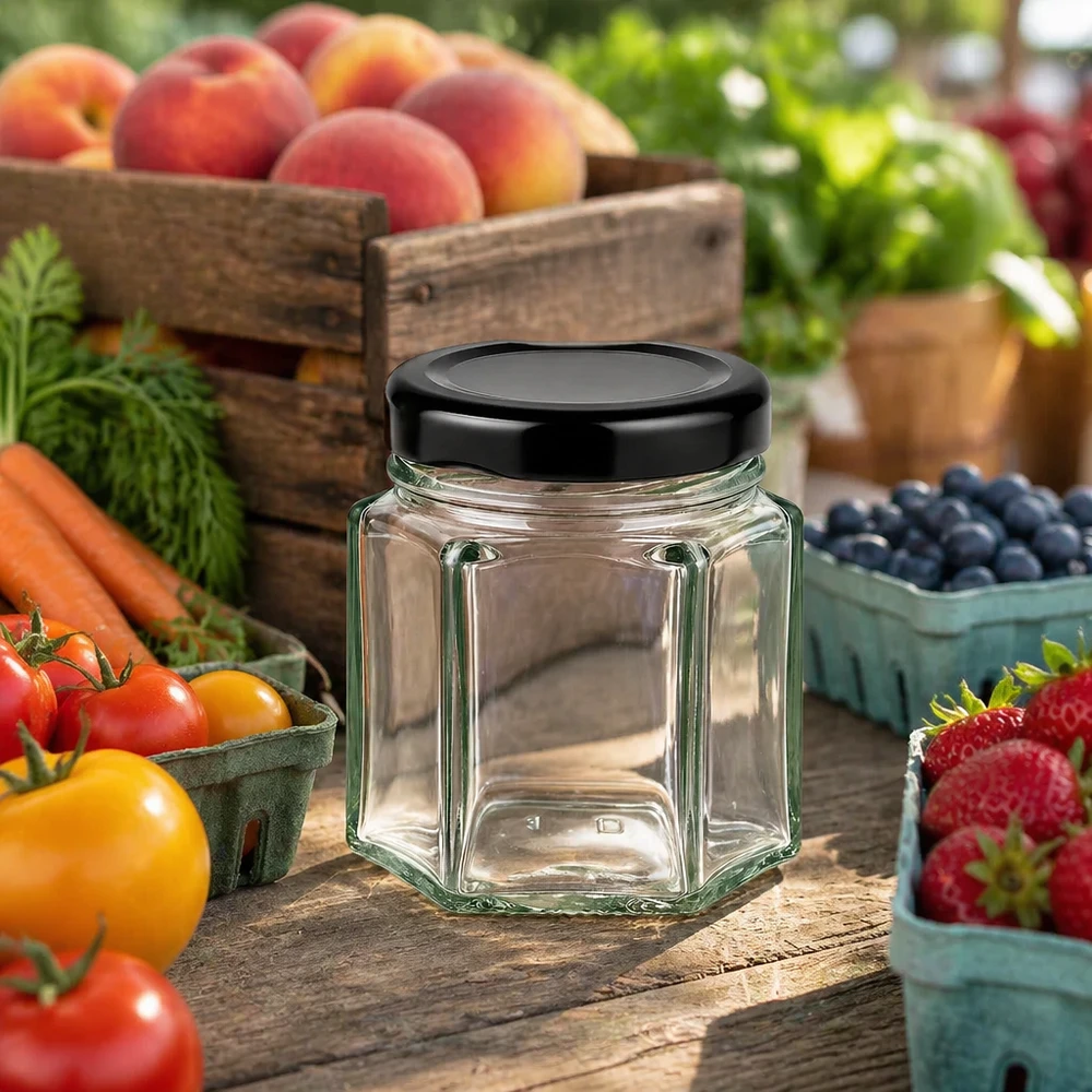 Leeg 47ml hexaglas met zwart deksel op een houten tafel omringd door vers fruit en groenten in een landelijke scène
