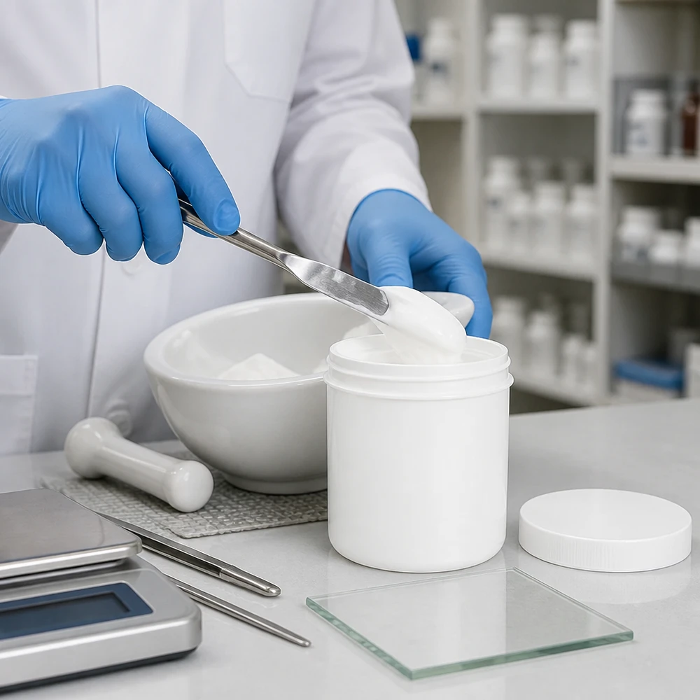 Stevige kruik met brede hals, 50 g, wit, van PP, ideaal voor magistrale bereidingen en dermatologische producten