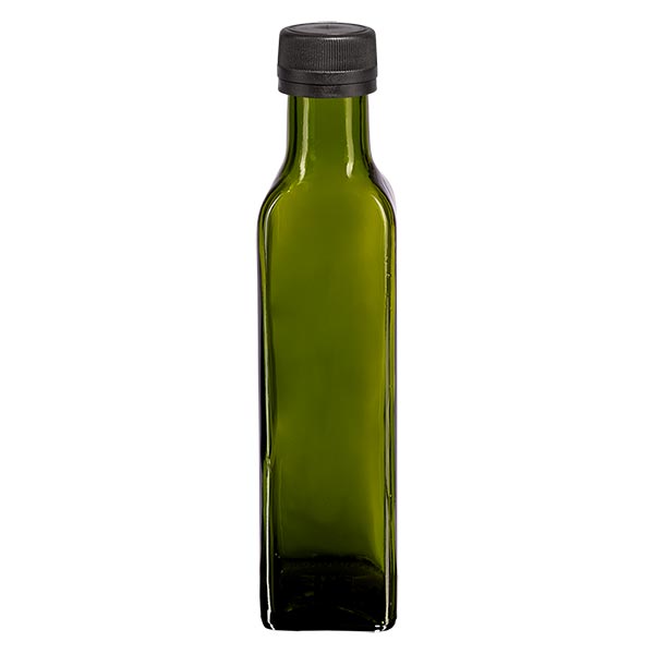 250 ml likeurfles hoekig olijfgroen glas incl. schroefsluiting zwart (PP 31,5 mm) met uitgietring met garantiesluiting (OV)
