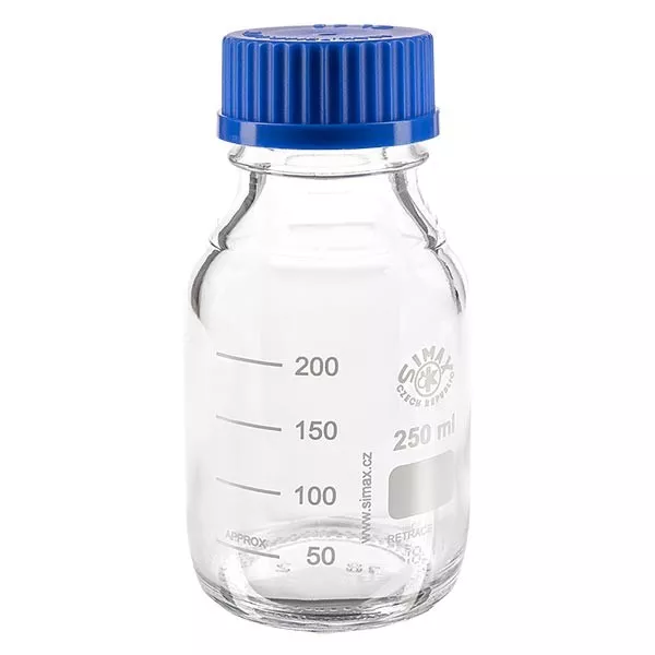250 ml laboratoriumfles met schroefdraad + blauwe dop + ring