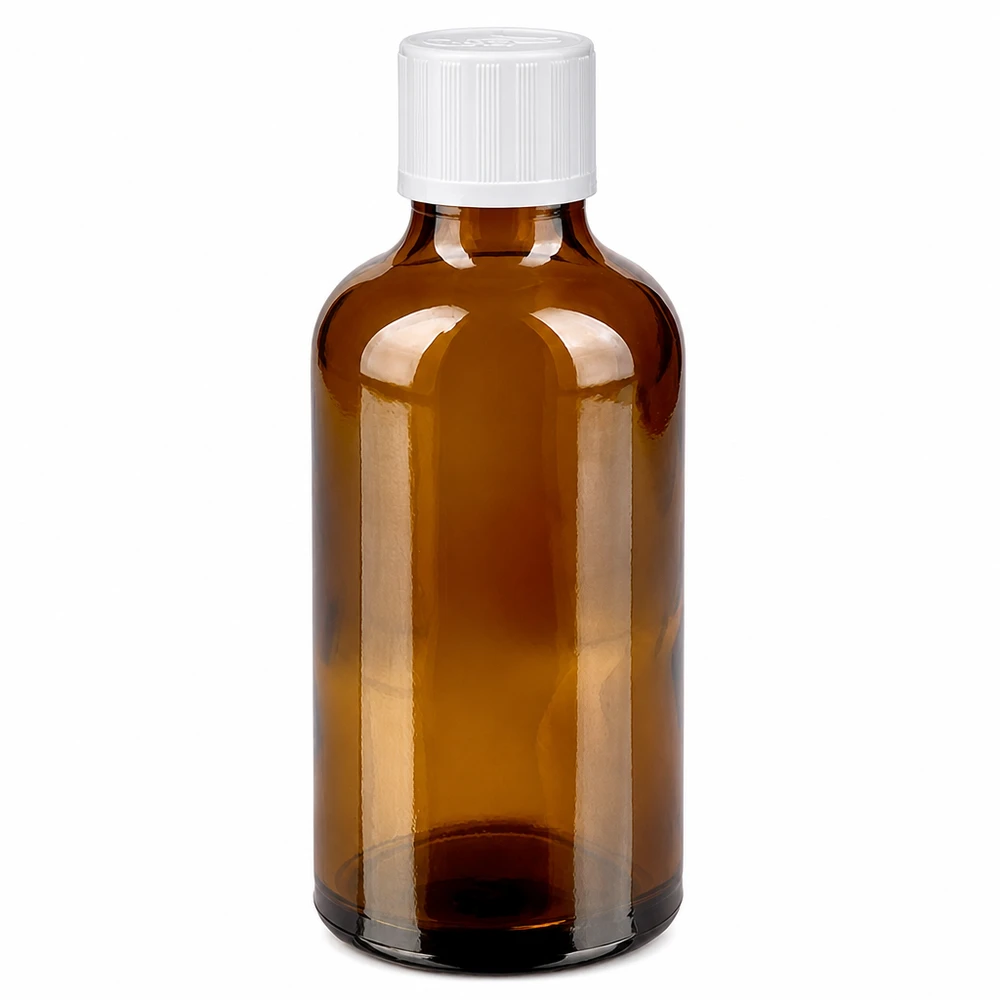 UV-bestendig bruin glazen flesje van 50 ml met witte veiligheidsdop voor apotheken