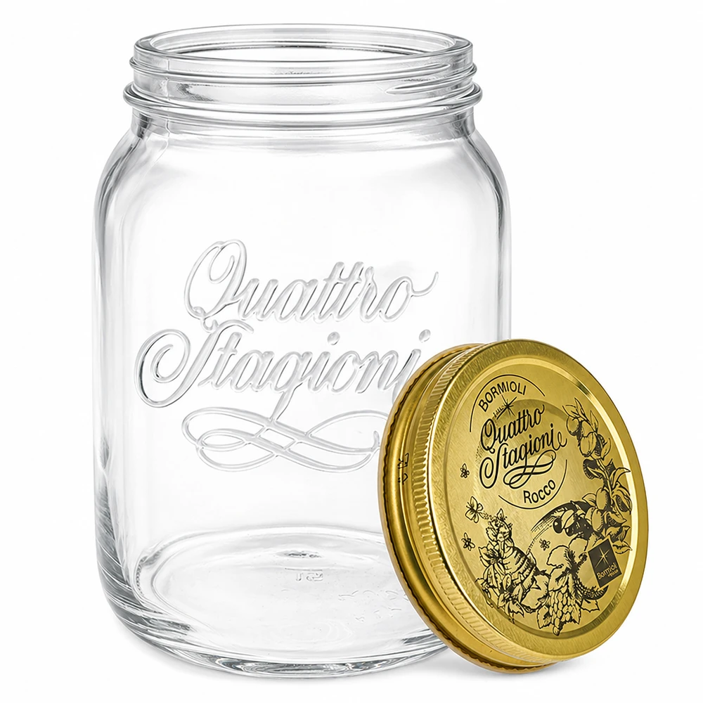 2000 ml rond glas "Quattro Stagioni" met deksel Quattro Stagioni inmaakpot 2 liter met decoratief gouden deksel - Italiaanse inmaakpot voor jam en conserven