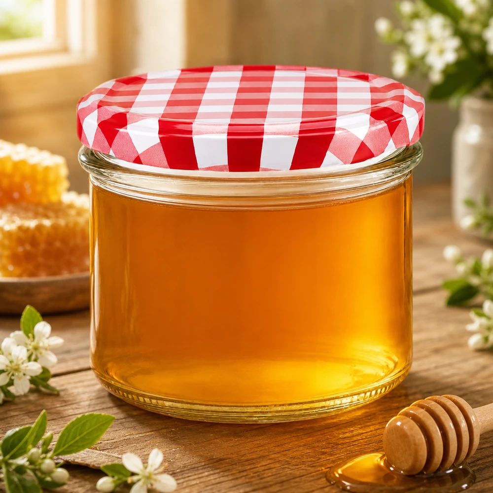 225 ml glazen pot gevuld met honing en rood-wit geblokt deksel naast honinglepel en bloemdecoratie