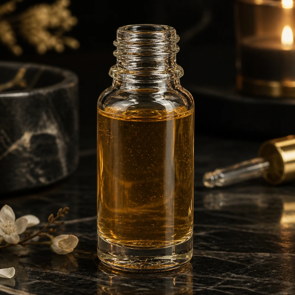 Kleine glazen flesje van 10 ml gevuld met gouden olie tegen een achtergrond van zwart marmer