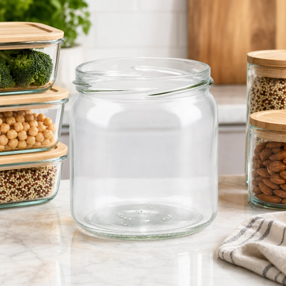 UNiTWIST Runda408 lege ronde pot 408ml TO82 op keukenblad met voorraadpotten en noten als keukenaccessoires