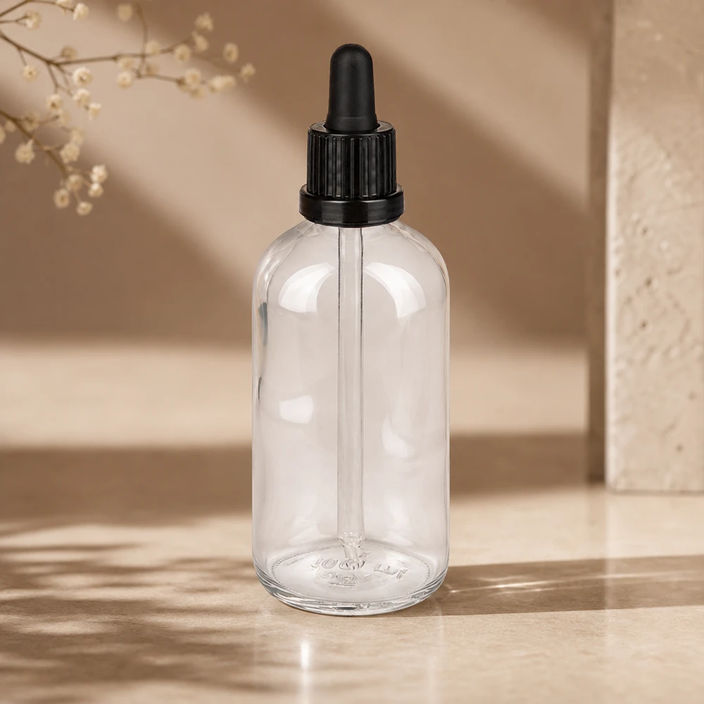 100 ml druppelfles van helder glas, Boston Round-vorm, met zwarte pipetdop, ClearLine UT18