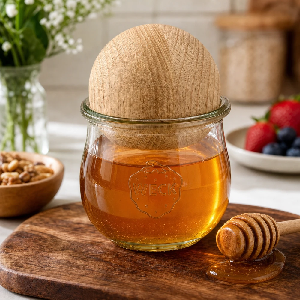 WECK tulpenpot RR80 370ml met beuken bol als honingpot met honinglepel op houten plank in natuurkeuken