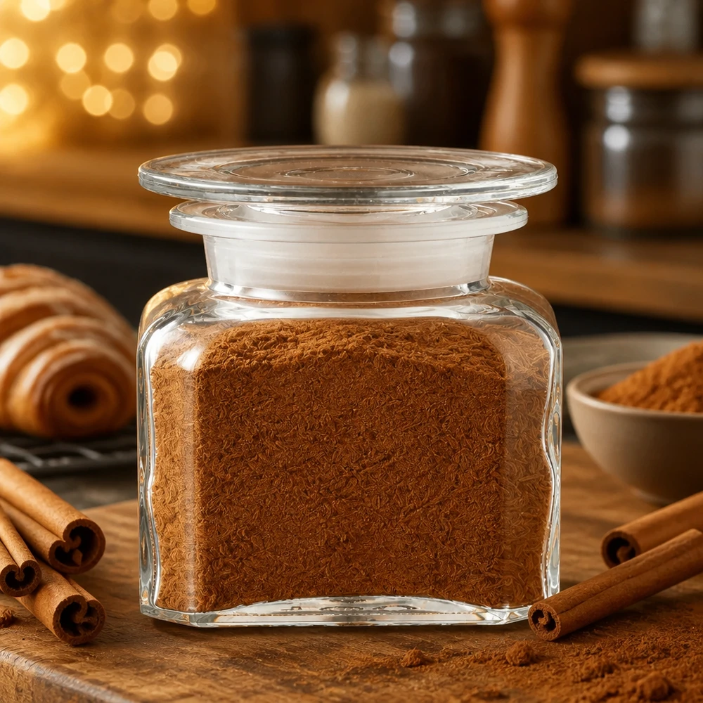 Stapelbare kruidenpot van 100 ml, vierkant, met gemalen kaneel op een rustieke houten tafel met kerstsfeer