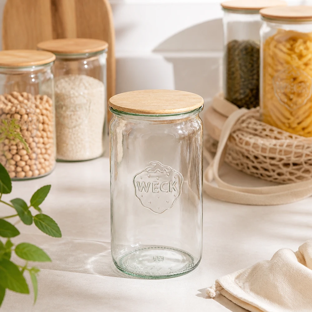 WECK cilinderpot 340ml RR60 leeg transparant met houten deksel in moderne keukenuitrusting met voorraadpotten