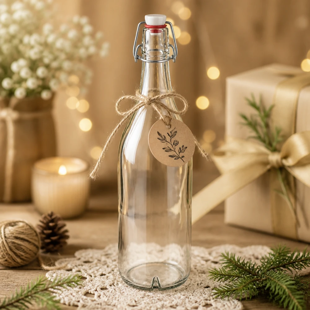 1000ml glazen fles PVC swing top versierd voor Kerstmis met geschenklabel rustieke stijl winterdecoratie