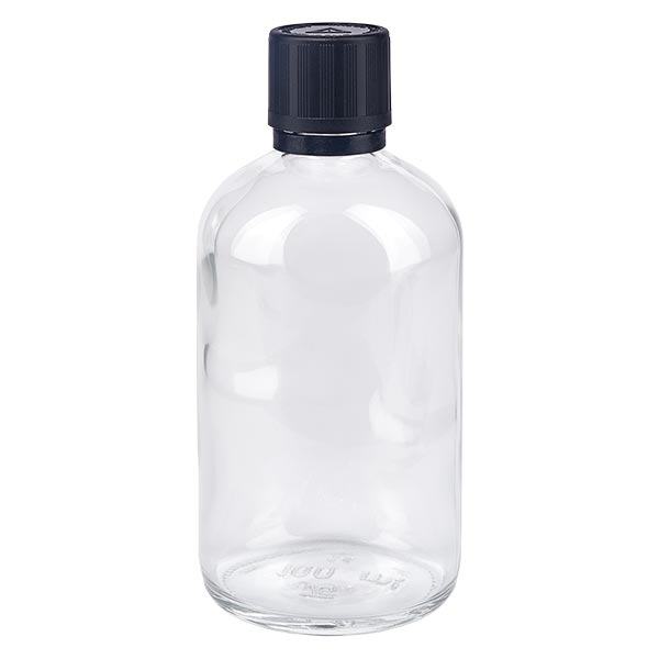 Helder glazen flessen 100ml met zwart druppelsluiting 1mm kinderslot Bliwa VR Helder glazen flessen 100ml met zwart druppelsluiting 1mm kinderslot Bliwa VR