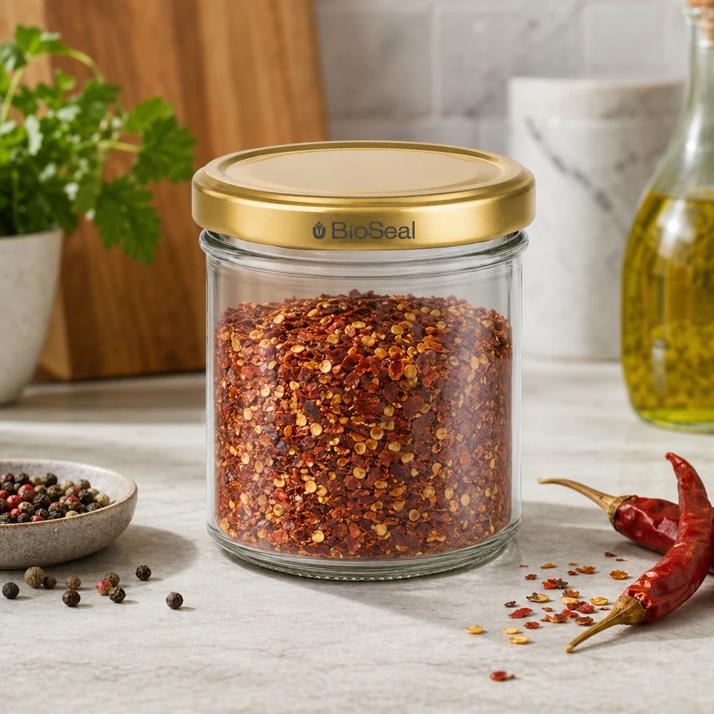 Honingpot 200 g met gouden BioSeal UNiTWIST-deksel BioSeal 200g kruidenpotje gevuld met chilivlokken gouden deksel Keukenschouwspel met peperkorrels en chilipeper