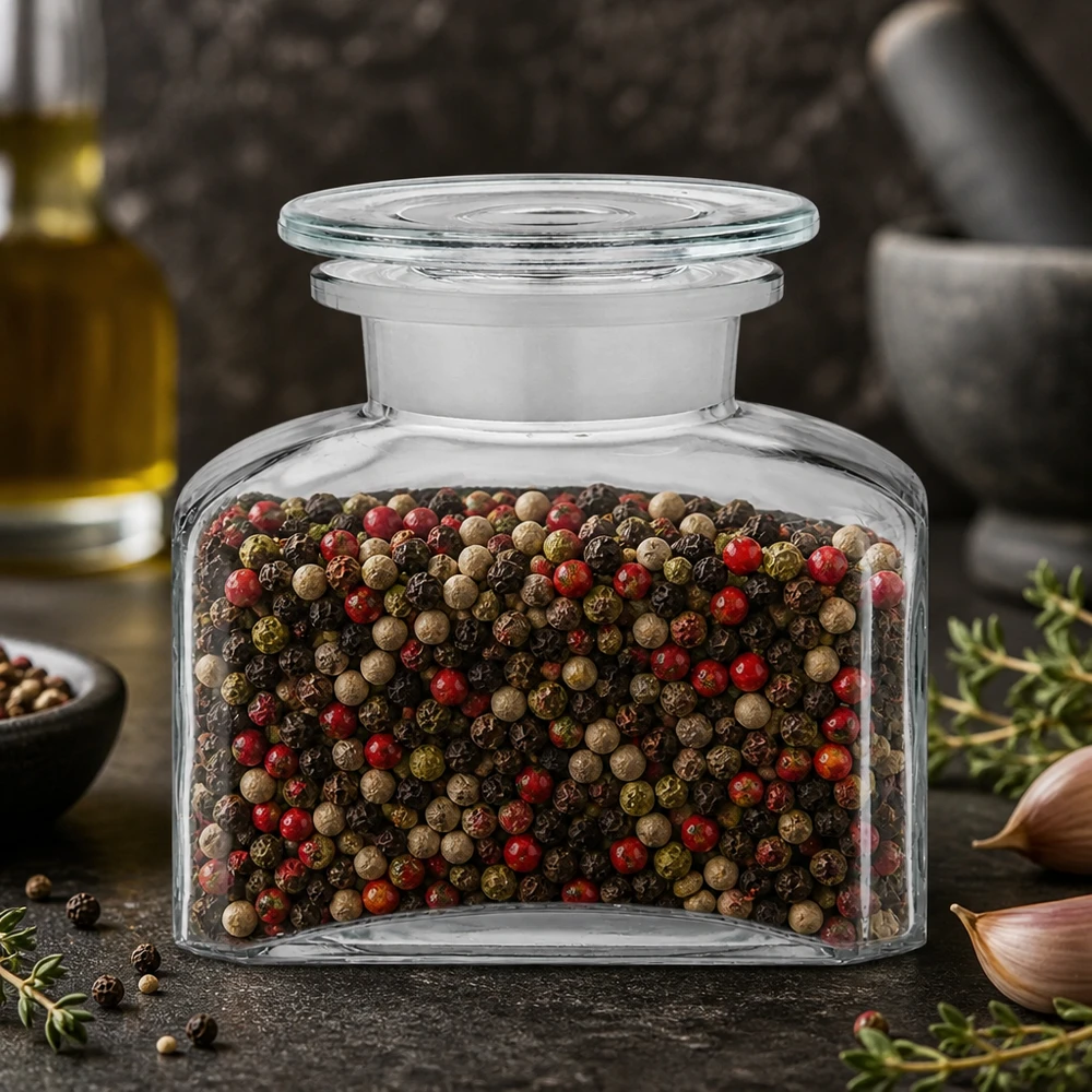 Doorzichtige vierkante apothekersfles van 150 ml met peperkorrels naast knoflook en tijm