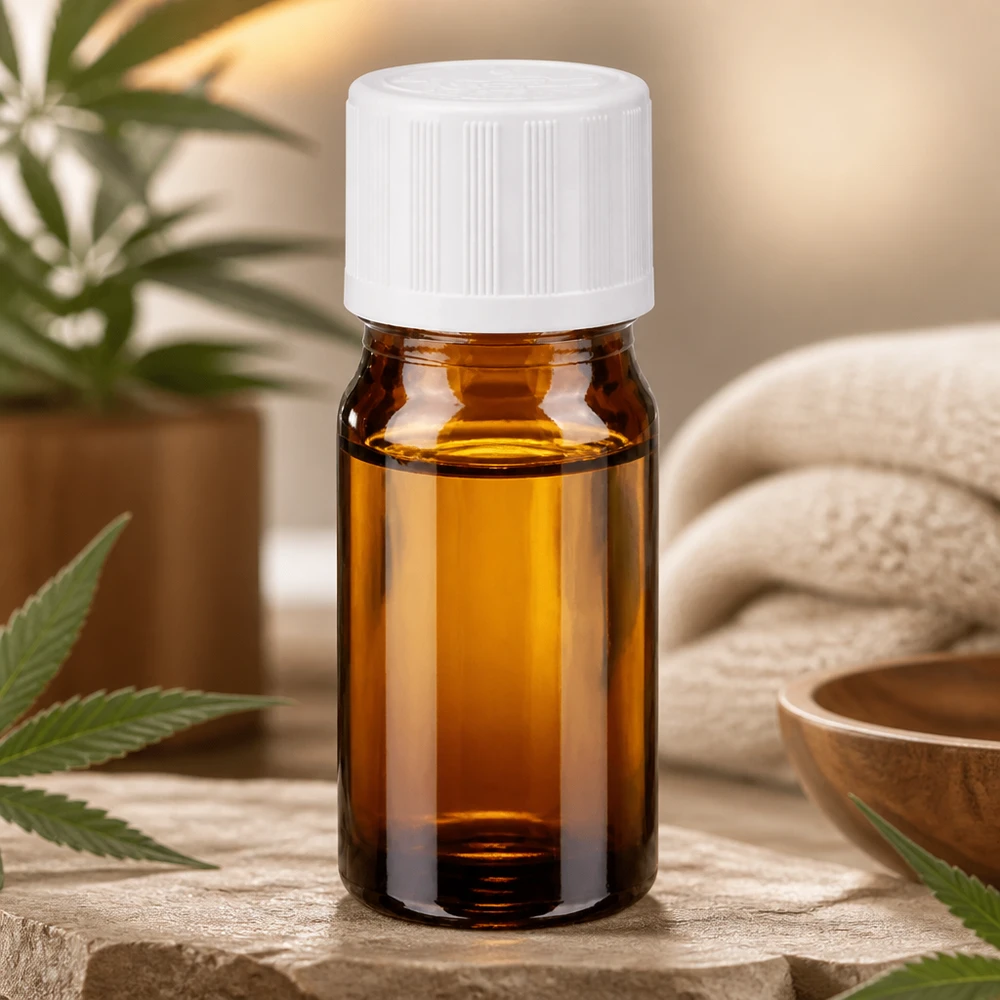 Compacte amberkleurige glazen fles van 5 ml met een witte KiSi-schroefdop in een natuurlijke omgeving