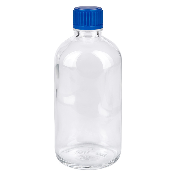 100ml fles 11mm SV blauw STD ClearLine UT18/100 Glazen fles van 100 ml met blauwe schroefdop ClearLine UT18, transparant helder glas