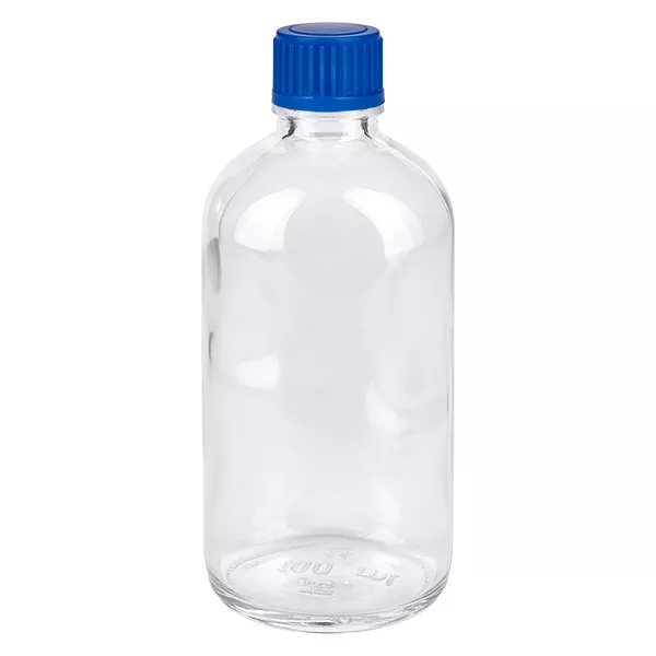 Glazen fles van 100 ml met blauwe schroefdop ClearLine UT18, transparant helder glas